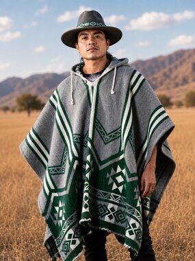 Handwoven UNISEX Native American Hooded Wool Poncho - 100% Wool Pullover Coat